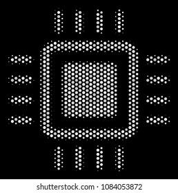 Pixel white processor icon on a black background. Vector halftone composition of processor pictogram made with round points.