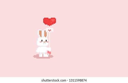 Pixel white rabbit with love letter balloon.8bit.Valentine's day.