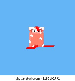 Pixel white rabbit in the pink gift box.8bit.