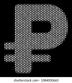 Pixel white rouble icon on a black background. Vector halftone illustration of rouble pictogram done with round points.