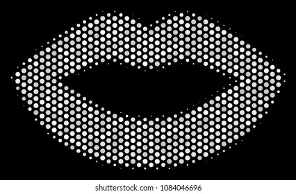 Pixel white sexy lips icon on a black background. Vector halftone illustration of sexy lips icon done of round points.