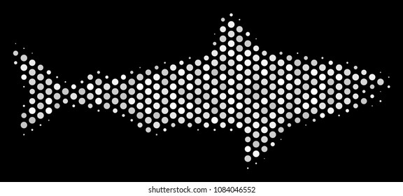 Pixel white shark icon on a black background. Vector halftone collage of shark pictogram done with spheric points.
