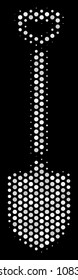 Pixel white shovel icon on a black background. Vector halftone pattern of shovel symbol formed of spheric pixels.