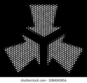 Pixel white shrink arrows icon on a black background. Vector halftone composition of shrink arrows icon formed with circle pixels.