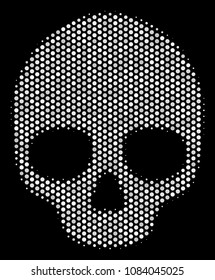 Pixel white skull icon on a black background. Vector halftone concept of skull pictogram designed of round dots.