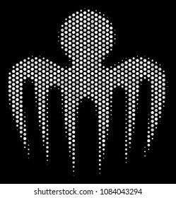 Pixel white spectre octopus icon on a black background. Vector halftone illustration of spectre octopus icon created of spheric elements.