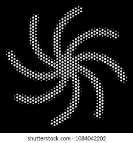 Pixel white spiral galaxy icon on a black background. Vector halftone pattern of spiral galaxy symbol designed of round items.
