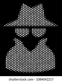 Pixel white spy icon on a black background. Vector halftone illustration of spy pictogram constructed from round points.