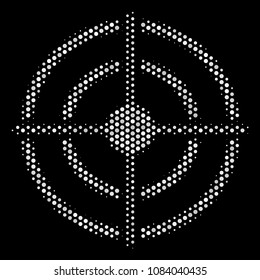 Pixel white target bullseye icon on a black background. Vector halftone mosaic of target bullseye symbol made of spheric pixels.