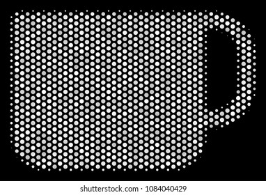 Pixel white tea cup icon on a black background. Vector halftone pattern of tea cup icon organized from spheric dots.