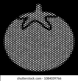 Pixel white tomato vegetable icon on a black background. Vector halftone composition of tomato vegetable symbol constructed from spheric pixels.