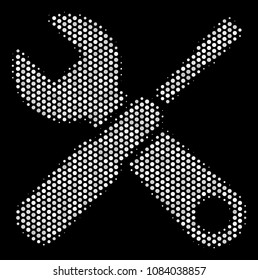 Pixel white tools icon on a black background. Vector halftone mosaic of tools pictogram composed of circle dots.
