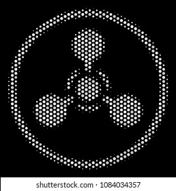 Pixel white WMD nerve agent chemical warfare icon on a black background. Vector halftone illustration of WMD nerve agent chemical warfare icon done with circle dots.