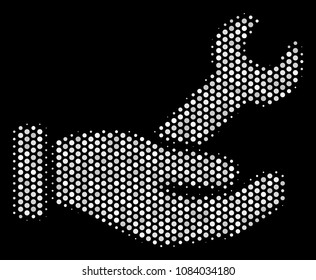 Pixel white wrench service hand icon on a black background. Vector halftone composition of wrench service hand icon done of spheric pixels.