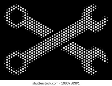Pixel white wrenches icon on a black background. Vector halftone mosaic of wrenches symbol designed from circle points.