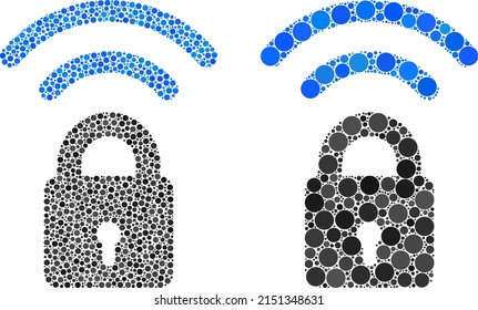 Pixel Wi-Fi-Sperrsymbol. Mosaik Wi-Fi-Sperrsymbol bestehend aus kugelförmigen Teilen in verschiedenen Größen und Farbtönen. Vektorgrafik-Teile werden zu einem kollektiven Wi-Fi-Sperrsymbol zusammengeführt.