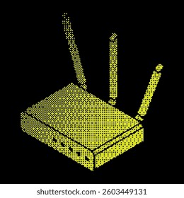 Pixel WiFi router halftone silhouette icon. Wireless WiFi router device for  communication signal in apartment and office network. Simple black and yellow vector isolated on black