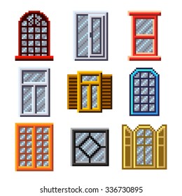 Pixel windows for games icons high detailed vector set