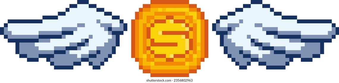 Pixel winged coin with the dollar symbol. Growing business, cashless payment, money loss or saving, bank or finance investment concept. Vector illustration.