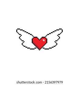 Pixel Wings With Heart  Icon.  Vector Pixel Art Wings 8 Bit Logo For Game
