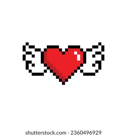 pixel wings with heart  icon.  Vector pixel art wings 8 bit logo for game