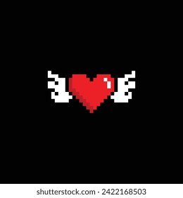 pixel wings with heart  icon.  Vector pixel art wings 8 bit logo for game