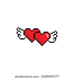 pixel wings with heart  icon.  Vector pixel art wings 8 bit logo for game