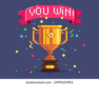 Pixel winner cup background. Cartoon retro gold metal trophy with red ribbon ribbon, 8 bit game winner trophy asset. Vector congratulation illustration. Vintage video game screen with golden goblet.