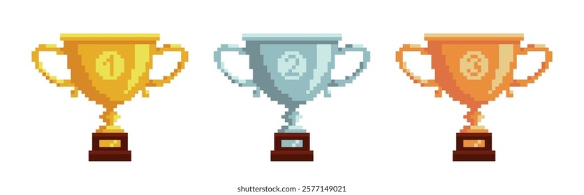 Pixel winner cups. Golden silver and bronze award, competition prize, different places, first second and third, 8 bit game goblets, mobile app asset nowaday vector isolated on white simple set