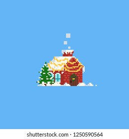 Pixel winter house with tree.Christmas.8bit.