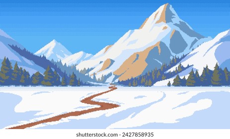 Pixel paisaje de montaña de invierno, bosque de abetos y camino a través de la nieve. Vector de fondo sin costuras.