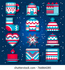 Pixel winter objects in scandinavian style. Cute pixel art elements of clothes and home decorating, cozy living.
