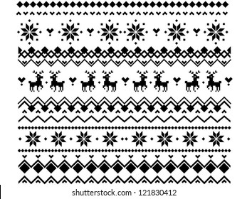 Pixel winter pattern with deers, stars and snowflakes. Geometric scheme for knitted ornament in nordic or scandinavian style.