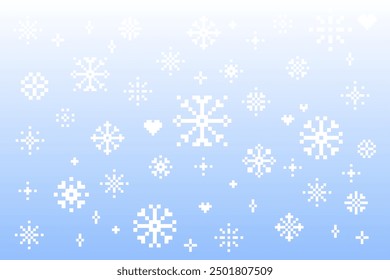 Pixel winter sky background. Snowflakes pattern in pixel art. Sparkling star, heart. Mood of 90's aesthetics. 8-bit retro style pixelated vector illustration. Simple geometric form