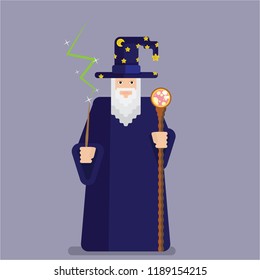 Pixel wise mage with wand and staff . Cool 
 and funny cartoon charachter for games and books. Wizard for print and web 