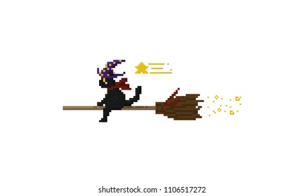 Pixel witch cat ride flying broom.8 bit characters.