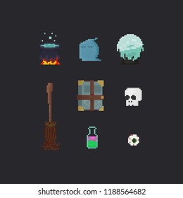 Pixel witch elements. halloween.8bit.