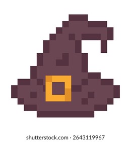 Pixel witch hat icon for Halloween. Magic wizard cap sprite. Retro pixelated witchcraft symbol