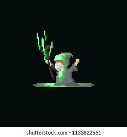 Pixel wizard using bolt magic.8bit halloween character. Dark background.