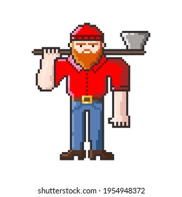 Pixel woodcutter with an axe. Isolated vector image in eps format.