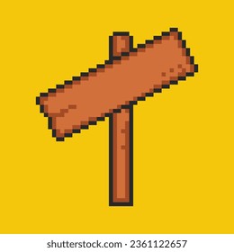 Pixel wooden roadside sign, old village, 8 bit timber roadside pointer. Pixel art game, rustic sign board. 8 bit sprite, isolated vector illustration.