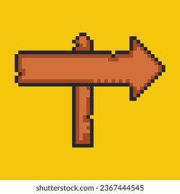 Pixel wooden roadside sign, old village, 8 bit timber roadside pointer. Pixel art game, rustic sign board. 8 bit sprite, isolated vector illustration.