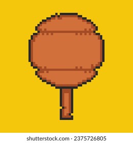 Pixel wooden roadside sign, old village, 8 bit timber roadside pointer. Pixel art game, rustic sign board. 8 bit sprite, isolated vector illustration.