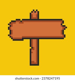 Pixel wooden roadside sign, old village, 8 bit timber roadside pointer. Pixel art game, rustic sign board. 8 bit sprite, isolated vector illustration.