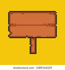 Pixel wooden roadside sign, old village, 8 bit timber roadside pointer. Pixel art game, rustic sign board. 8 bit sprite, isolated vector illustration.