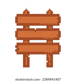 Pixel wooden roadside sign, old village, 8 bit timber roadside pointer. Pixel art game, rustic sign board. 8 bit sprite, isolated vector illustration.