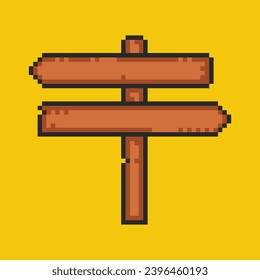 Señal de la carretera de madera de píxeles, pueblo antiguo, puntero de 8 bits de la carretera de madera. Juego de arte de la Pixel, tablero de signos rústico. Ilustración vectorial aislada de 8 bits.