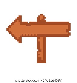 Pixel wooden roadside sign, old village, 8 bit timber roadside pointer. Pixel art game, rustic sign board. 8 bit sprite, isolated vector illustration.