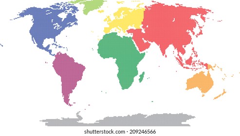 Mapa mundial de Pixel, coloreado por el continental.