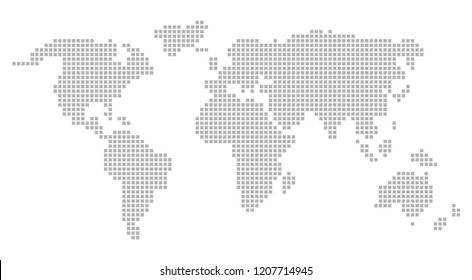 Pixel world map design. Grey pixels vector world map.